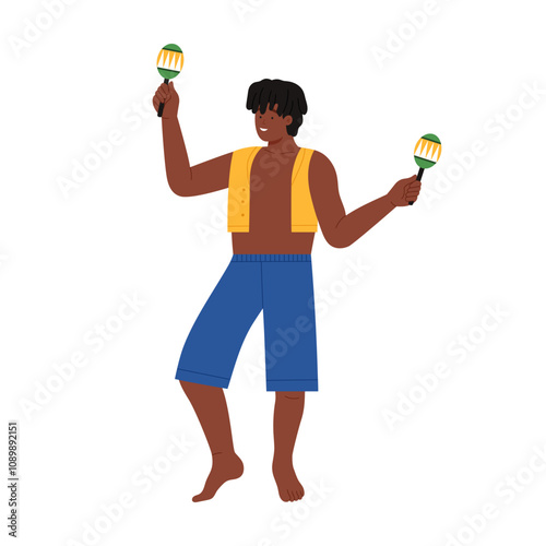 A lively illustration shows a joyful man dancing energetically with maracas, celebrating rich cultural rhythm