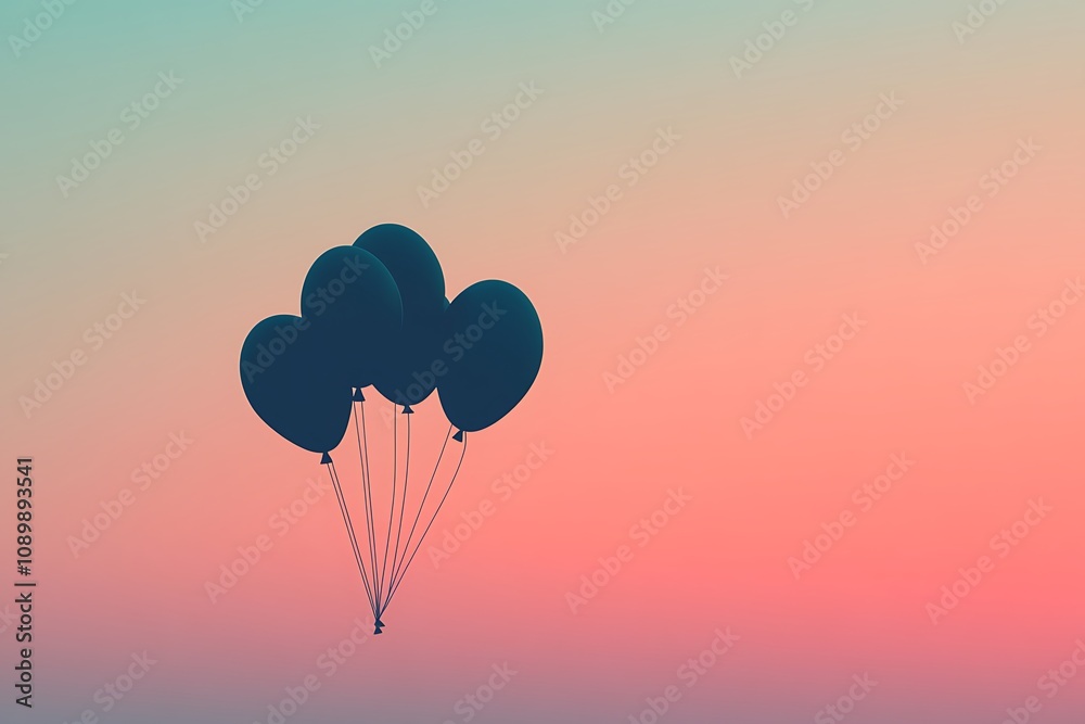 Fototapeta premium Silhouette of a set of floating balloons on a smooth, pastel gradient background