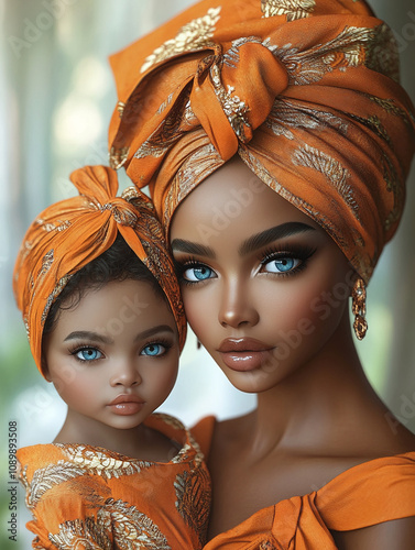 Elegant mother and daughter embrace in matching orange headwraps and dresses, a tender moment captured indoors photo