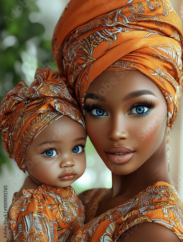 A mother lovingly holds her baby daughter, both adorned in matching orange headwraps and clothing, outdoors during the day photo