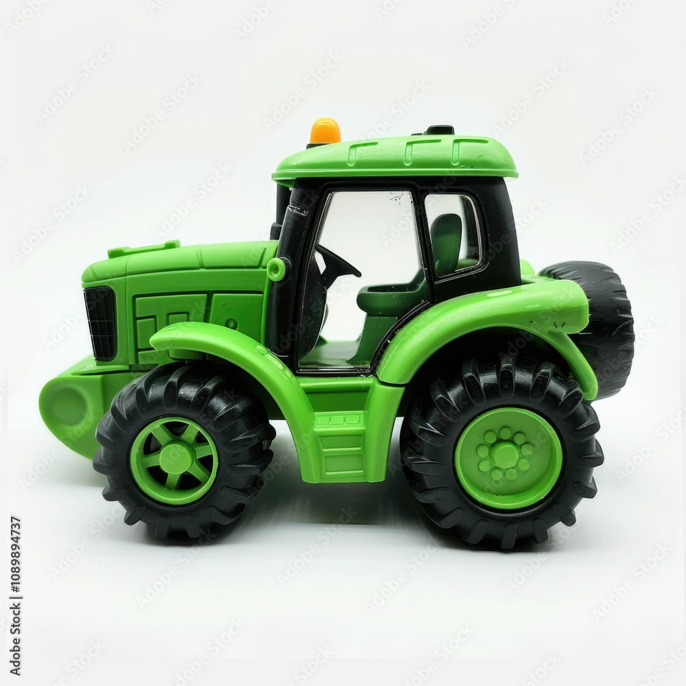 Obraz premium Childrens green toy tractor on white background.