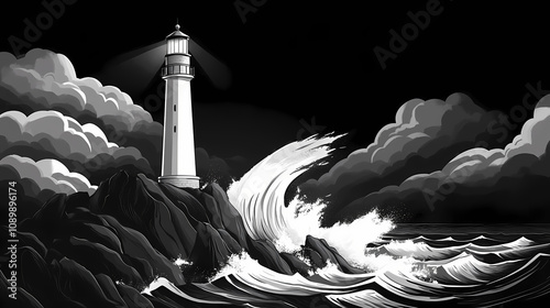 A stark white lighthouse on a rugged cliff against a stormy black sea. Stormy Lighthouse Cliff. Illustration