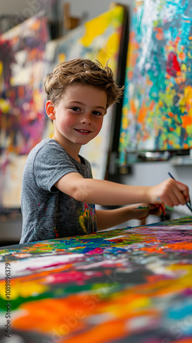 Joyful Child Painting with Vibrant Colors, Expressing Creativity and Imagination in a Bright Artistic Setting photo