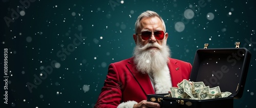 Santa Claus dressed in a red suit holds an open briefcase overflowing with cash amidst a snowy background, blending holiday cheer with wealth imagery.

 photo