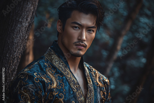 Striking Handsome asian Man Posing Confidently in a Natural Forest Environment with Rugged Charm and Stylish Elegance
 photo