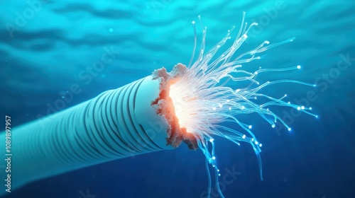 Close-Up of Severed Optical Cable Underwater with Fiber Optics Glowing
