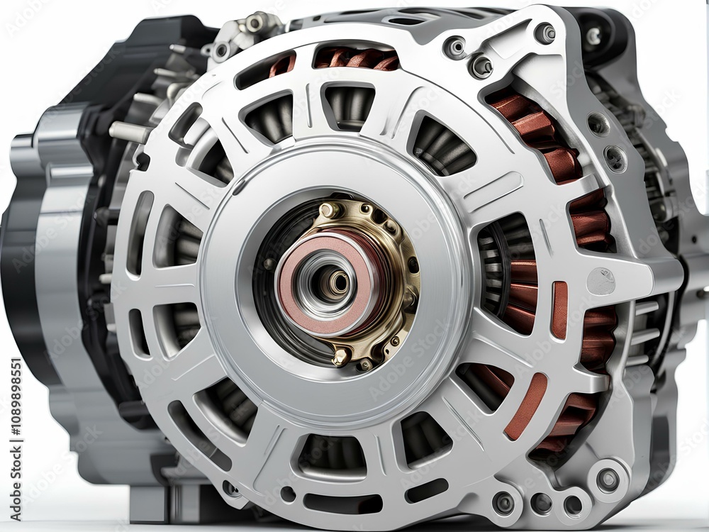 Obraz premium Alternator Engineering: Intricate Detail of Metallic Components