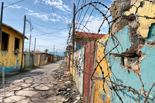 Dilapidated Street with Peeling Paint and Barbed Wire Fences photo