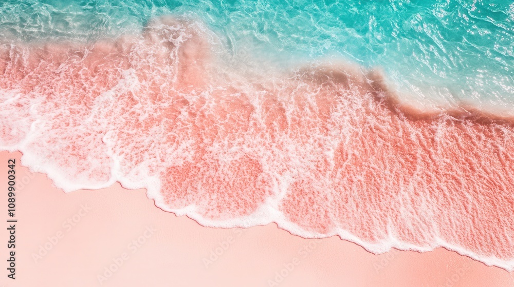 Fototapeta premium Serene moment where pink sand meets crystal-clear turquoise water in a tropical paradise mockup, mock up, template, empty, for text, place, copyspace, copy space
