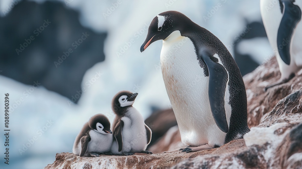 Fototapeta premium Penguins caring for their chicks in the Antarctic during the cold season