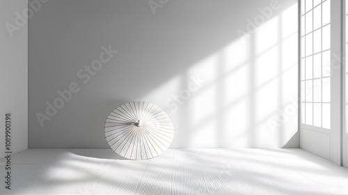 Japanese paper umbrella, or wagasa, rests elegantly in minimalist room, illuminated by soft sunlight streaming through large windows, creating serene atmosphere photo