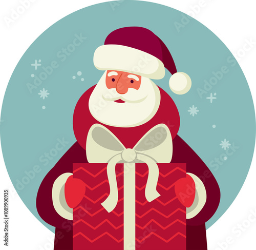 Funny Santa Claus cartoon character holding decorated box with Christmas present