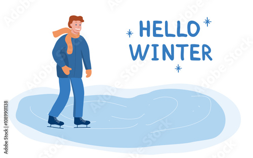 Hello Winter vector illustration with a man ice skating on a frozen pond