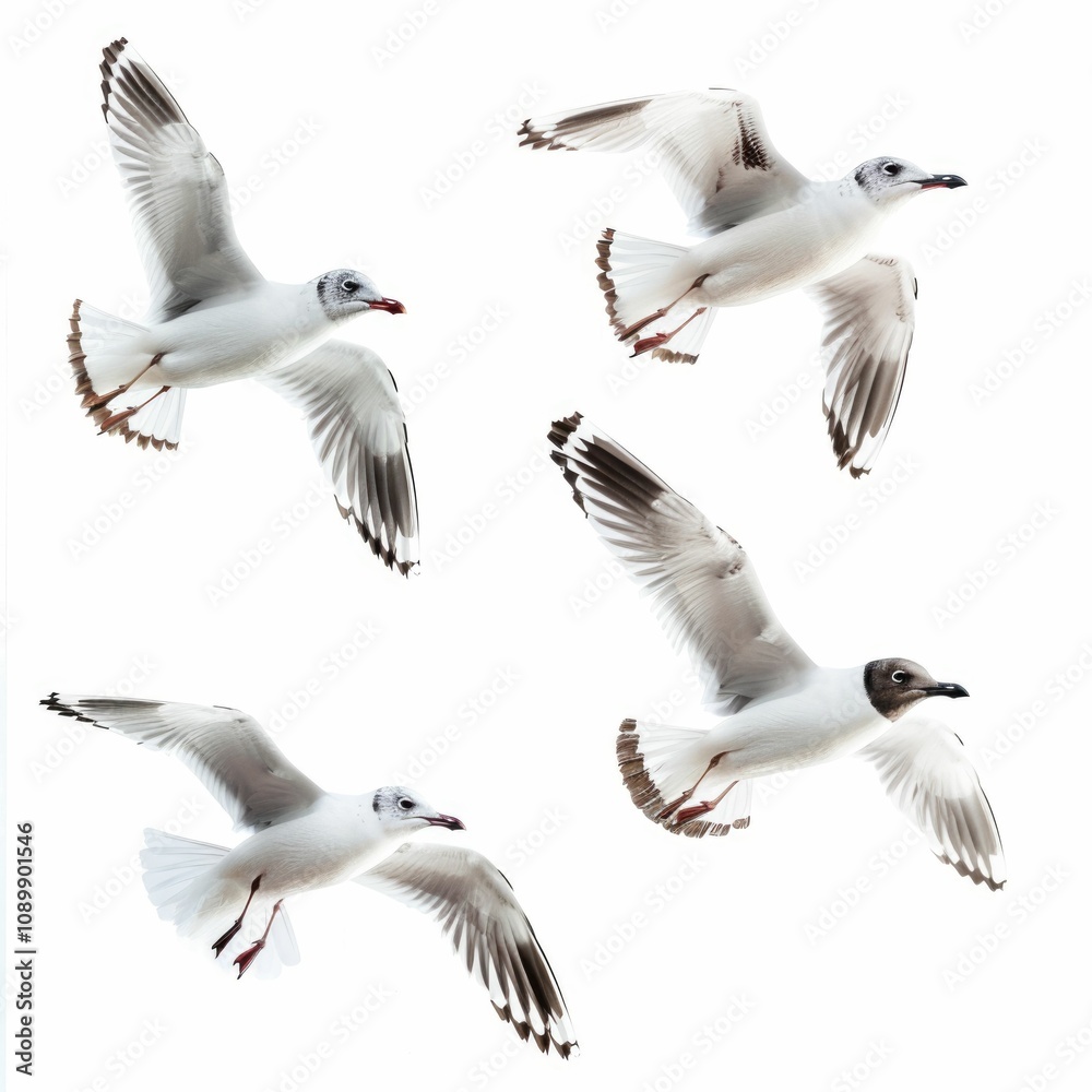 Obraz premium Four black headed gulls showcase elegant flight on white background.