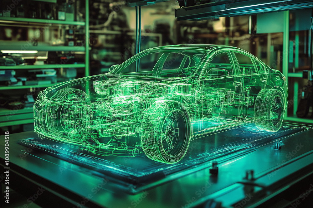 Obraz premium An advanced automotive diagnostic hologram displaying real-time engine metrics, neon green interface.