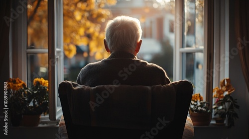 Rear view of elderly man sitting in comfortable chair