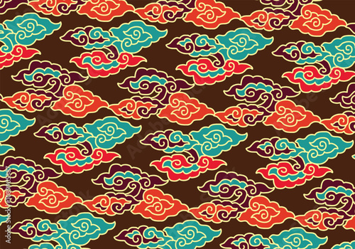 Motif Mega Mendung, batik motif typical of West Java Indonesia, curved line pattern with cloud objects, with developments and various artistic colors