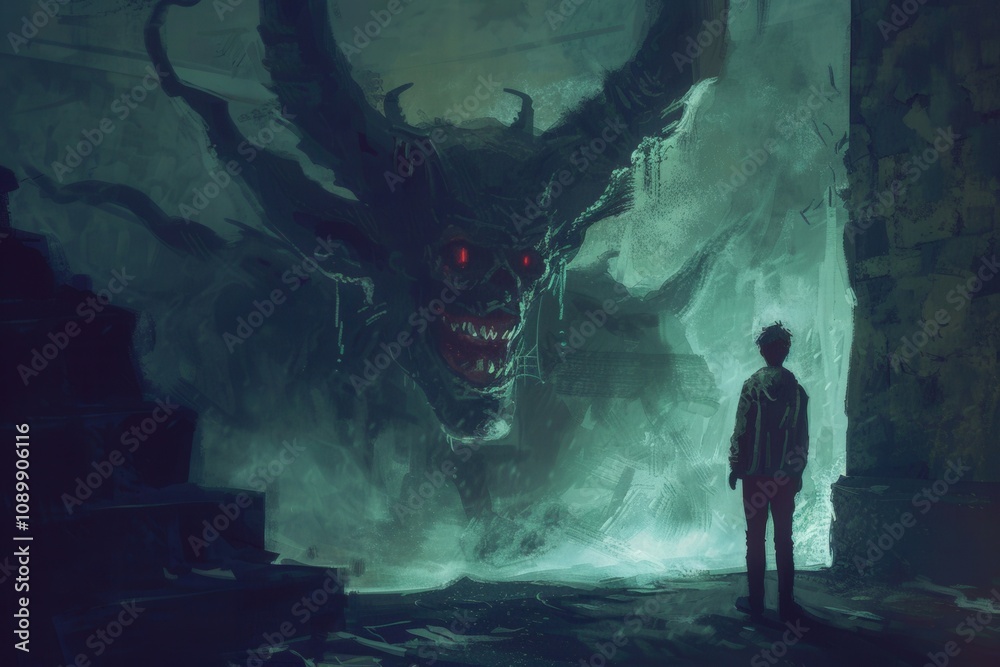 Fototapeta premium Dark sorcerer confronts a menacing dragon in a gothic cathedral at dusk, surrounded by flickering candles and ominous shadows