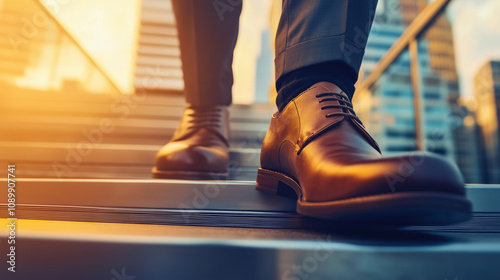 Polished leather shoes stepping down on modern escalator photo