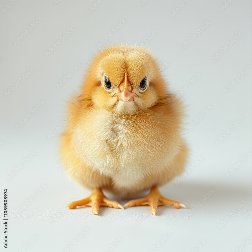 Obraz premium A fluffy yellow chick stands on a white background its eyes wide and beak slightly open.
