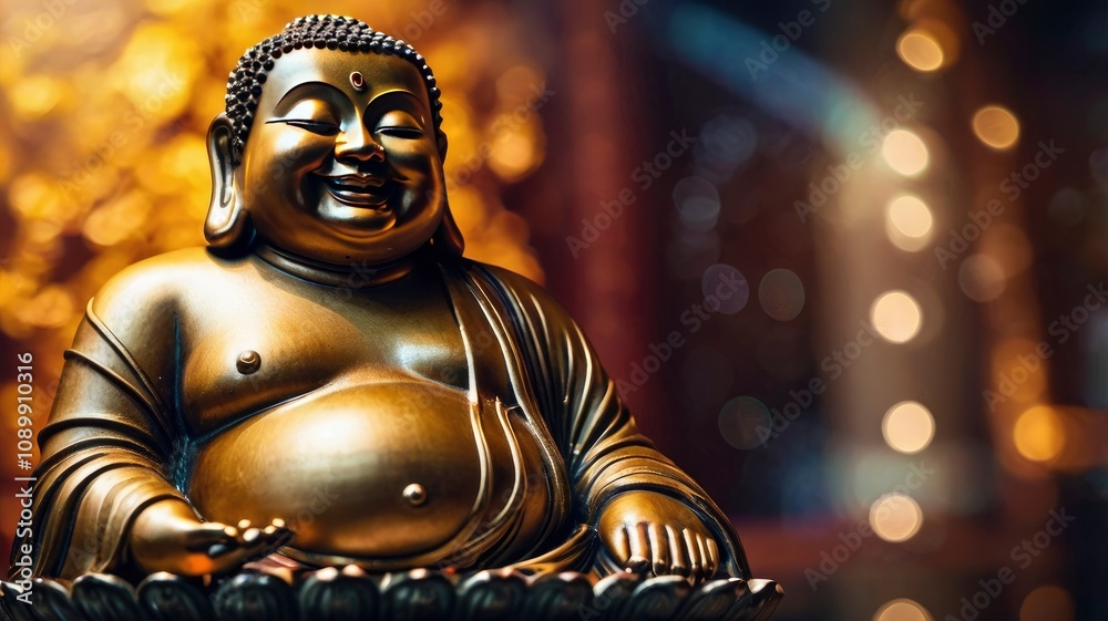 Obraz premium edited image of laughing buddha idol with abstract and glow light.speaceful smiling buddha statue with focus on subject.background image of laughing buddha.isolated face of a smiling buddha statue, ai