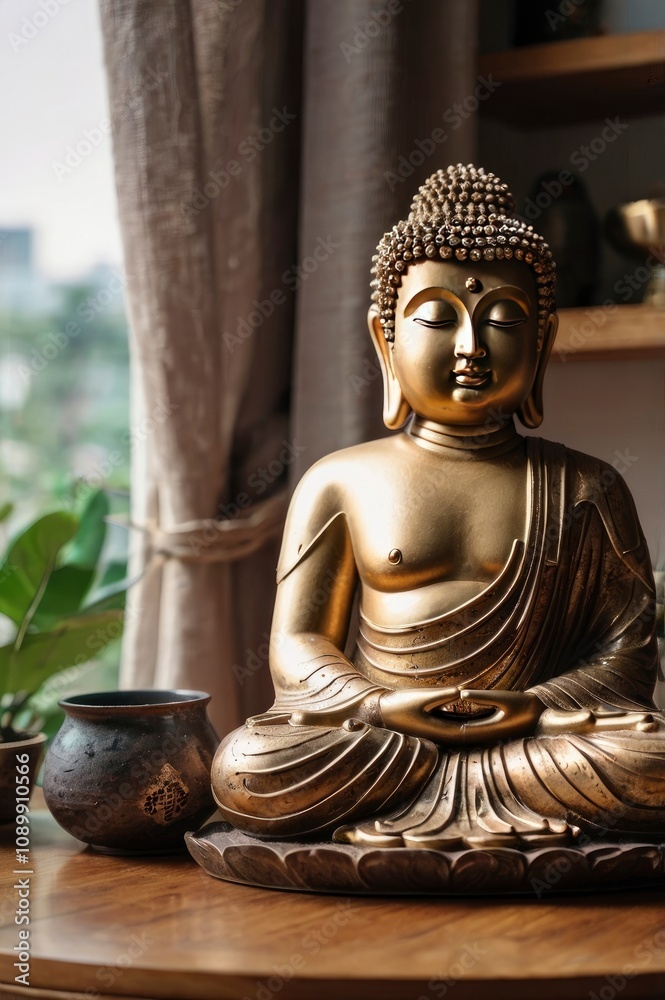 Fototapeta premium Buddha statuette home decoration in living room with soft light and window, ai