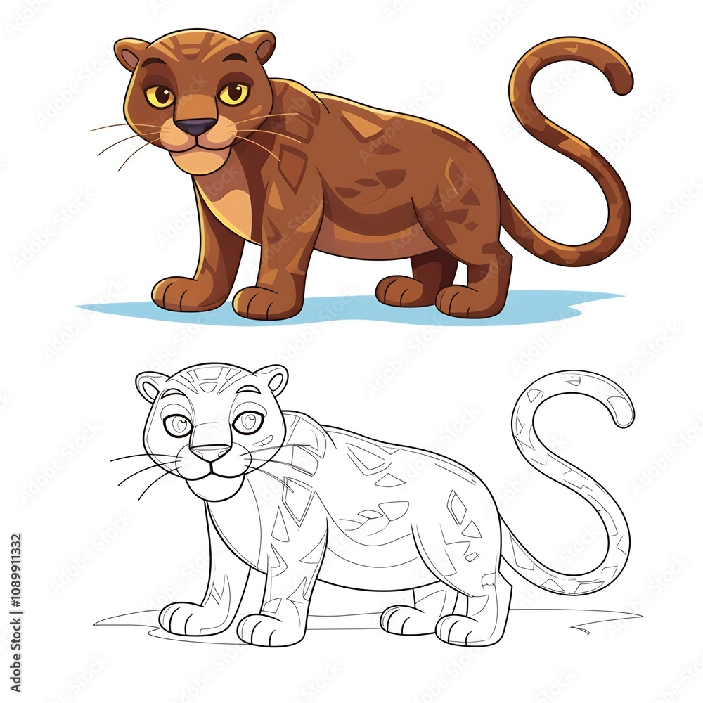 Obraz premium Cheerful Cartoon Leopard Coloring and Illustration, Leopard Matching Line Art for Kids' Activities or Educational Fun. 
