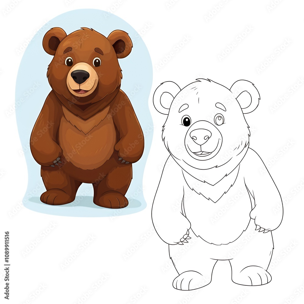 Obraz premium Cheerful Cartoon Bear Coloring and Illustration, Brown Bear Matching Line Art for Kids' Activities or Educational Fun.