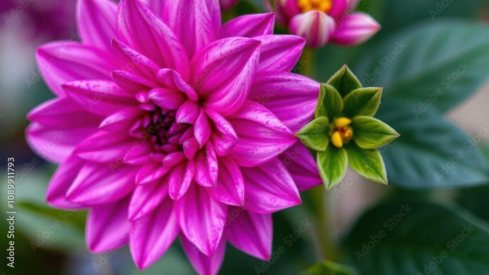 Fototapeta premium Vibrant purple flower petals and leaves on a blurred background, botanical, pattern