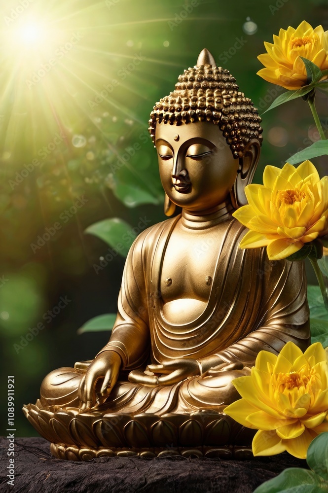 Fototapeta premium buddha golden flower with circles and Green leaf, ai