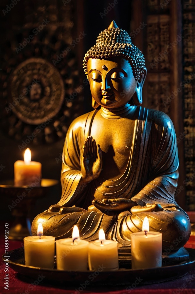 Fototapeta premium Buddha statue and candle light. ai