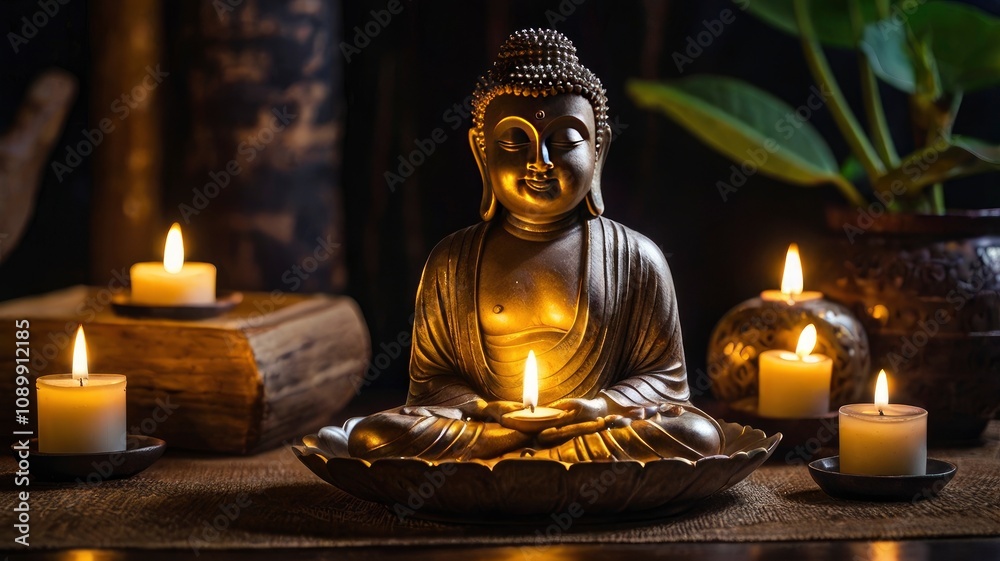 Fototapeta premium Buddha statue and candle light. ai