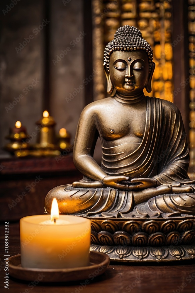 Fototapeta premium Buddha statue and candle light. ai