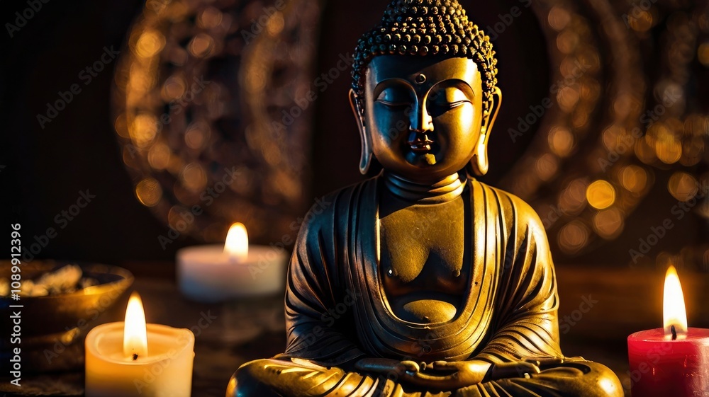 Fototapeta premium Buddha statue and candle light. ai