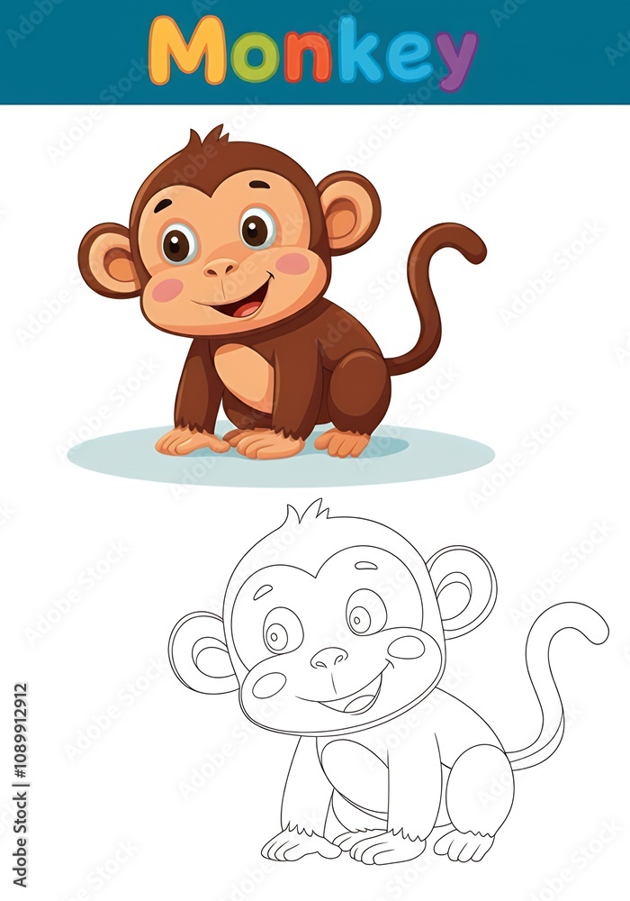 Fototapeta premium Cheerful Cartoon Monkey Coloring and Illustration, Monkey Matching Line Art for Kids' Activities or Educational Fun.