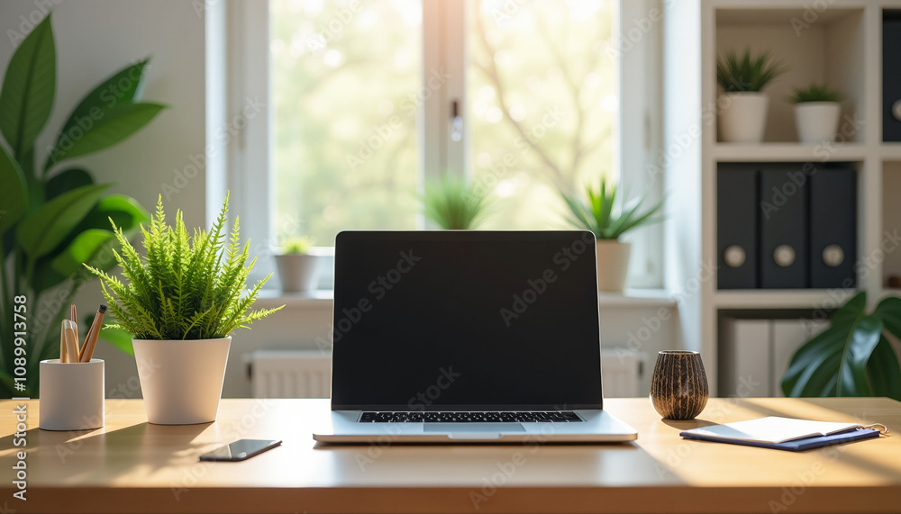 Fototapeta premium Modern Home Office Workspace with Laptop and Plants