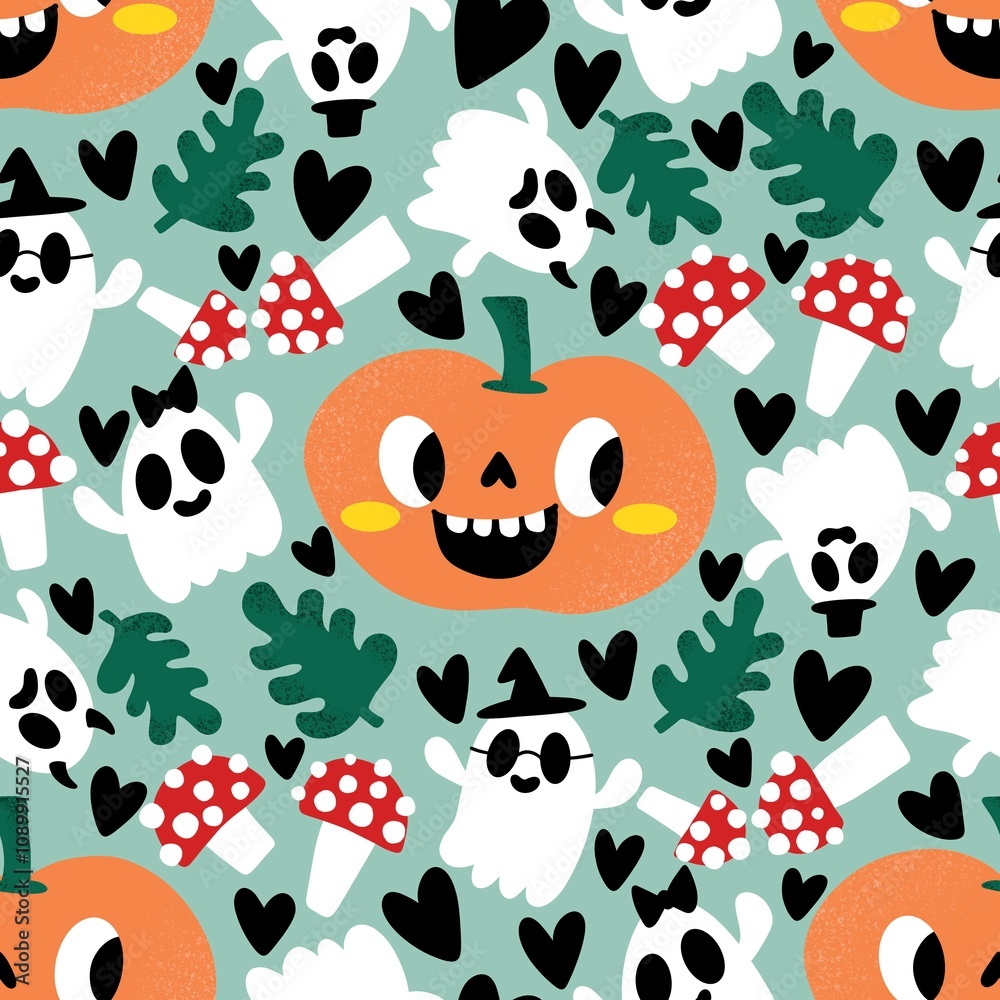 Fototapeta premium Halloween cute pumpkins seamless ghost pattern for wrapping paper and fabric