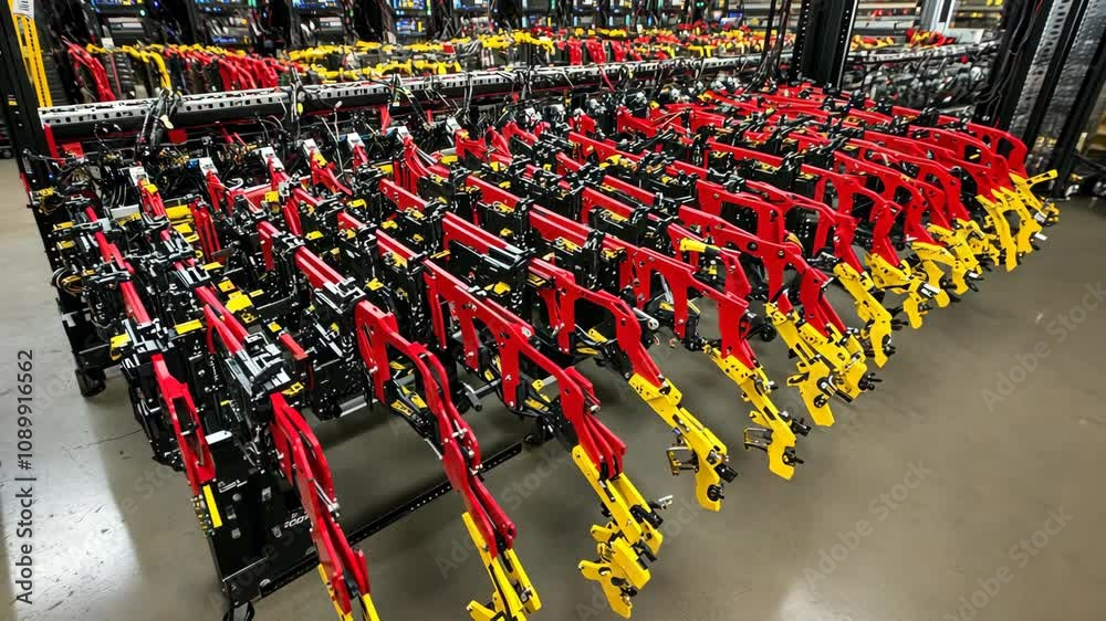 Rows of red and yellow agricultural implements stand ready in a warehouse facility