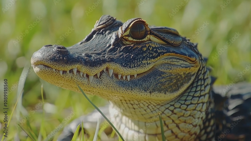 Obraz premium A crocodile rests on green grass, its textured skin glistening in the sunlight. The reptile's sharp teeth and eyes are clearly visible, showcasing its predatory nature