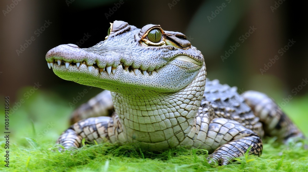 Fototapeta premium A crocodilian relaxes on vibrant green moss, showcasing intricate textures and features. The setting highlights a serene environment with dappled light filtering through foliage