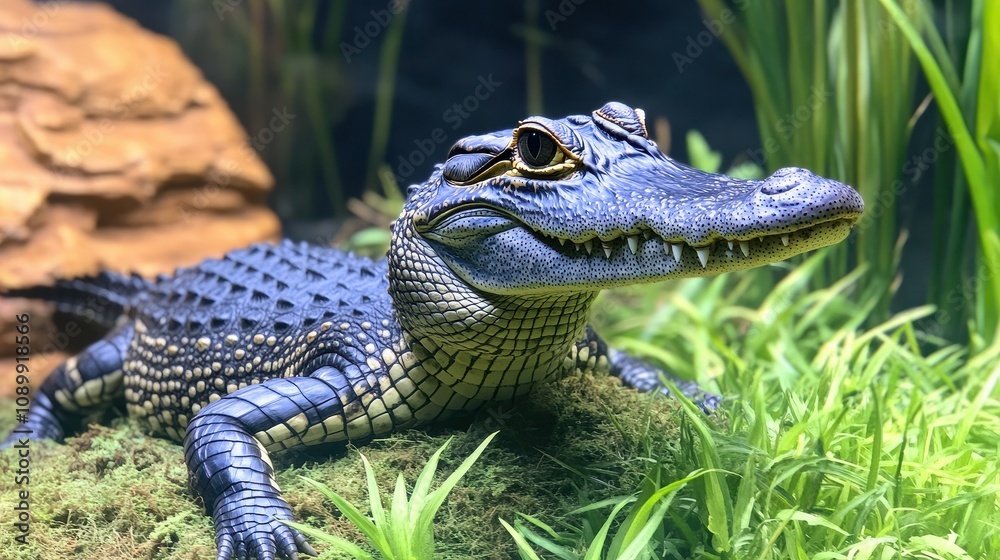 Obraz premium A crocodile relaxes on a patch of grass surrounded by rocks and water in a wildlife exhibit, showcasing its distinctive scales and sharp teeth