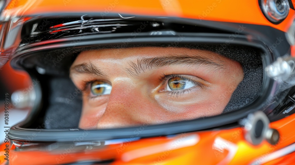 Fototapeta premium Intense concentration fills the driver's eyes as they prepare for the race. The stunning orange helmet contrasts with the sleek vehicle surrounding them, showcasing determination