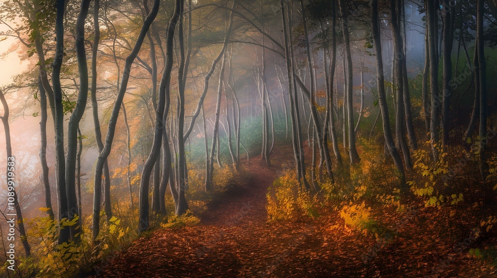 Obraz premium Enchanting Misty Forest Path: A Serene Autumn Scene with Golden Leaves and Tall Trees, Bathed in Soft Fog and Morning Light, Perfect for Nature Lovers