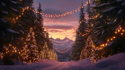 Keuken achterwand Bruin Winter wonderland snow-covered pine trees adorned with warm string lights mountain landscape serene evening nature's beauty  © Teresaart