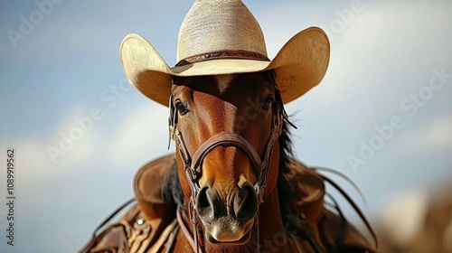 A cowboy confidently rides a well-groomed horse, adorned with a stylish straw hat, in a sunny outdoor landscape. The scene highlights a moment of connection between rider and steed photo