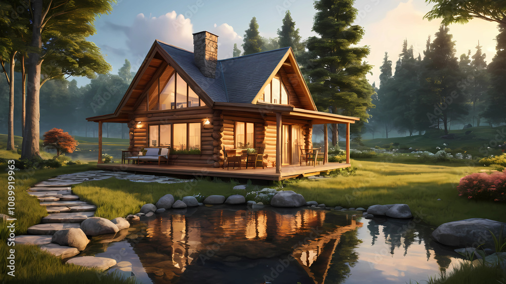 Fototapeta premium cozy wooden cabin in a serene countryside, surrounded by lush green grass and tall trees under a soft twilight sky. 