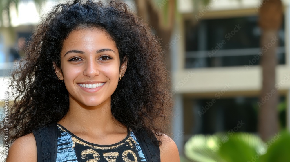 Fototapeta premium A young woman with curly hair stands outdoors, smiling cheerfully. Sunlight filters through palm trees, creating a warm atmosphere in a lively environment