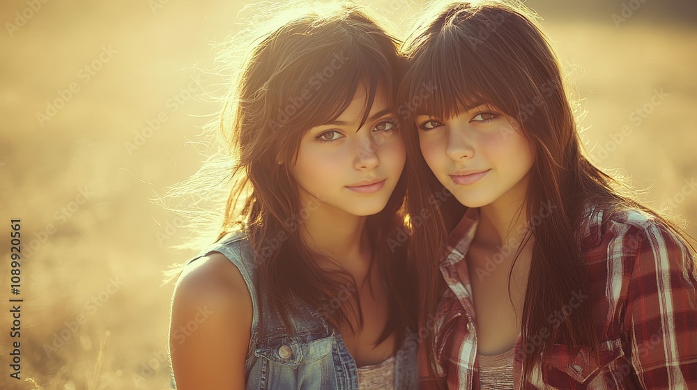 Fototapeta premium Two girls stand closely together, smiling warmly in the soft golden light of a summer afternoon. The background features a peaceful field, enhancing their joyful connection