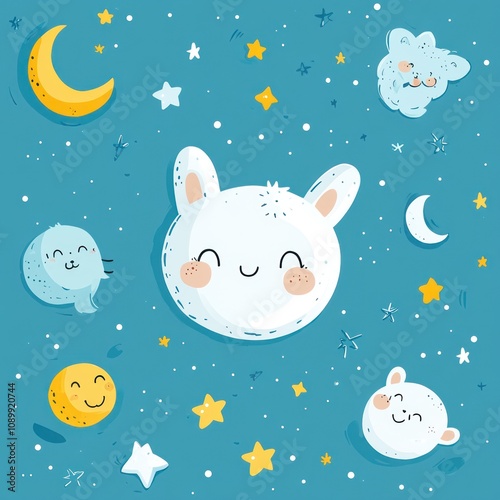 Adorable Cartoon Animals Float Among Stars and Moons