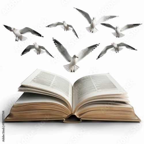 Seven seagulls fly above an open antique book  symbolizing knowledge and freedom. photo